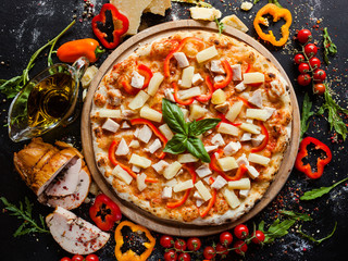 hawaiian pizza with pineapples. Gourmet recipe concept. Delicious meal for special customers.