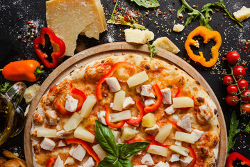 hawaiian pizza with pineapples. Gourmet recipe concept. Delicious meal for special customers.