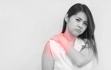 Woman with pain in shoulder and upper arm. Ache in human body, Office syndrome concept.