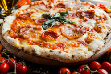 Pepperoni pizza. Classical recipe of Itallian pizzerias