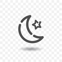 Outlined moon and star icon on transparent background.