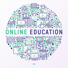 Online education concept in circle with thin line icons: online course, webinar, e-book, video conference, home studying, wise owl in graduation cup. Modern vector illustration for school web page.