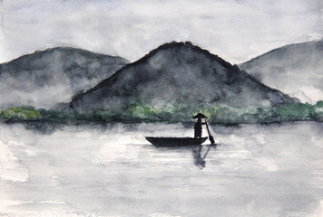 watercolor fishing boat and island with mountains. Traditional oriental. asia art style