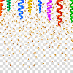 Confetti falling abstract background. Gold and colorful tiny pieces. Stock vector holiday background.