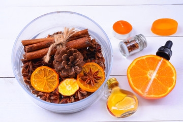 Aromatherapy Fragrance of orange. Health and beauty, still life concept.
