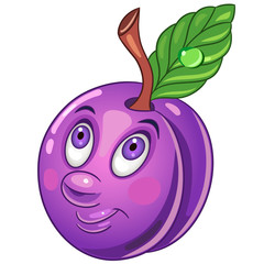 Cartoon Plum. Happy Fruit Emoticon. Smiley. Emoji. Eco Food symbol. Design element for kids coloring book page, t-shirt print, icon, logo, label, patch, sticker.