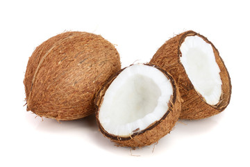 whole coconut and half isolated on white background
