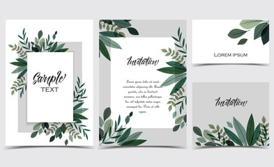 Vector illustration invitation card template with branches and leaf decoration. Set of greeting cards