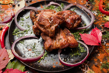shashlik portion georgian national cuisine concept. nourishing and delicious meat. food photography.