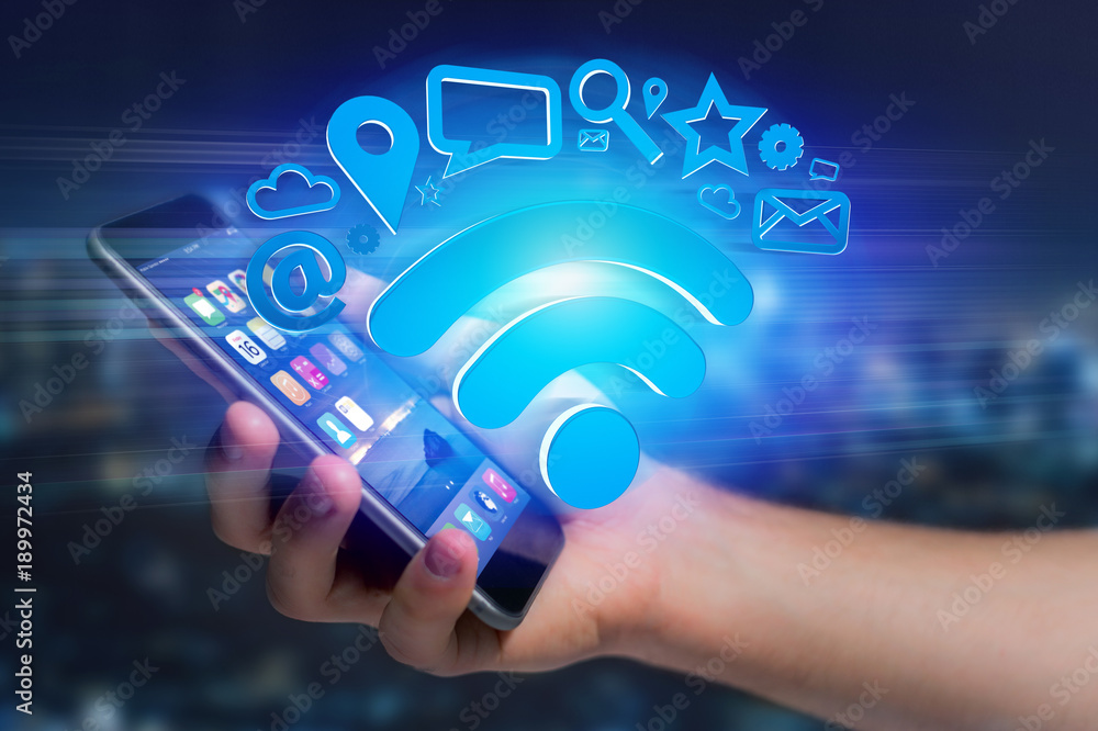 Poster wifi symbol connection surrounded by multimedia and internet application logo - 3d rendering