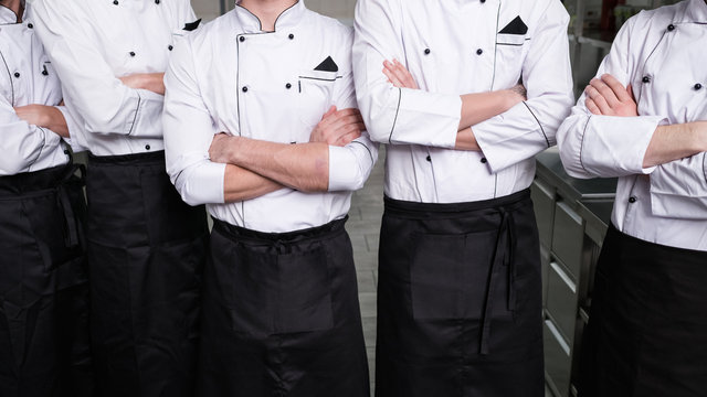 A team of young professional cooks standing in a kitchen. Successful restaurant business