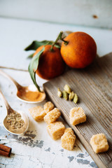 Celebrate new year winter evening with hot drink. Mulled wine or grog ingredients. White background top view. Space for text