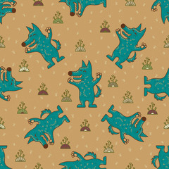 Craft doodle tribal seamless pattern with wolfs.
