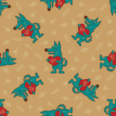 Craft doodle tribal seamless pattern with wolfs.