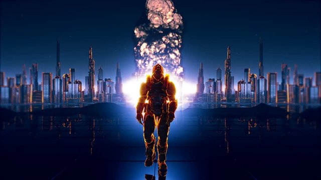 A futuristic soldier on the background of future city with a detonated atomic bomb.