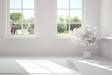 White empty room with summer landscape in window. Scandinavian interior design. 3D illustration