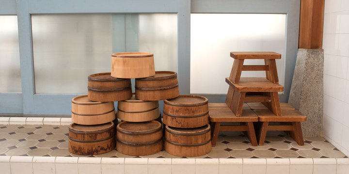 Buckets and stools in Japanese public bathhouse (Sento)　銭湯の風呂桶と椅子