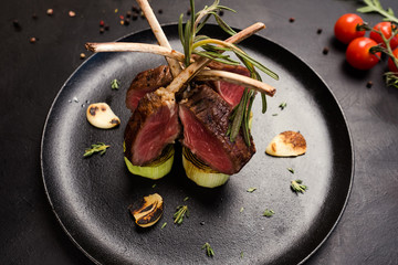 delicious gourmet rack of lamb recipe concept. meat restaurant meal. luxury lifestyle.