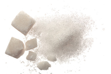 Fototapeta Heap of granulated sugar with cube isolated on white background. Top view. Flat lay obraz