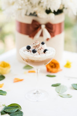 delicious latte coffee morning celebratory concept. floral decorations. festive atmosphere.