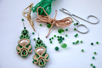 green beige soutache earrings. handmade hobby