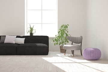 Idea of white minimalist room with sofa. Scandinavian interior design. 3D illustration