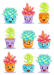 Nine different cheerful plants with funny faces. Cartoon characters set. Vector illustration is suitable for greeting cards and prints on t-shirts.