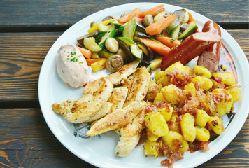 Grilled chicken breast and sausage  with variety vegetable