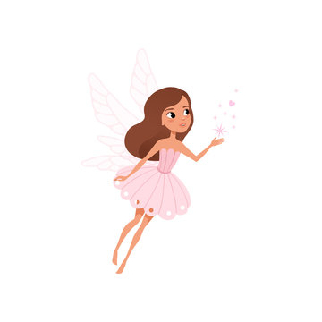 Cartoon fairy girl flying and spreading magical dust. Brown-haired pixie in cute pink dress. Fairytale character with little wings. Colorful flat vector design