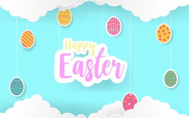 Happy Easter Day paper art card design with candy colors.Happy Easter abstract haging with 2D, paper art eggs in candy blue sky. Vector illustration. EPS 10