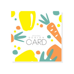 Colorful card with carrot and yellow pepper. Fresh and organic vegetables. Healthy eating. Creative vector design for promo flyer, farmer market or recipe book