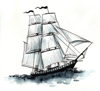 Ink and watercolor sketch of a sailing ship