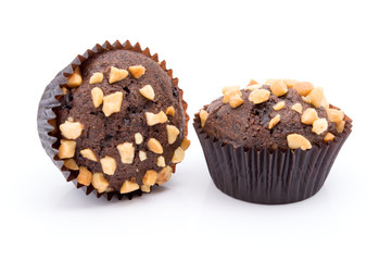 Group of chocolate muffins with nuts crumbs isolated on white background