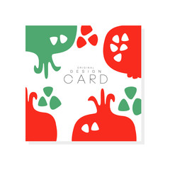 Creative square card with red pomegranate. Natural and healthy eating. Tropical fruit. Organic and tasty nutrition. Product surface design. Abstract vector illustration