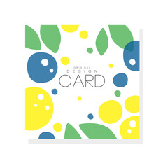 Bright summer card template with plums, lemons and green leaves. Abstract colorful fruits. Creative vector design for invitation, poster or product emblem