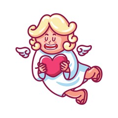 Cute cupid baby character with wings and heart. Romantic hand drawn love illustration art in cartoon for valentine day, for print, greeting card, poster