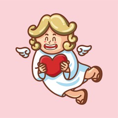 Cute cupid baby character with wings and heart. Romantic hand drawn love illustration art in cartoon for valentine day, for print, greeting card, poster