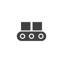 Conveyor belt icon vector, filled flat sign, solid pictogram isolated on white. Cardboard boxes on factory platform industry symbol, logo illustration.