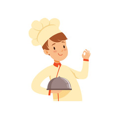 Chef cook character with cloche, boy in the costume of cook vector Illustration