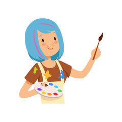 Artist character, girl with blue hairs holding palette and paint brush vector Illustration