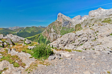 Fototapeta na wymiar Stony track in mountains of Picos de Europa and tourists, the vicinity of Fuente De