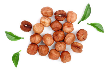 Hazelnuts with leaves isolated on white background. Top view. Flat lay