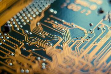 Electronic Board with semiconductor elements closeup. Concept of the technology of solid-state microelectronics - obrazy, fototapety, plakaty