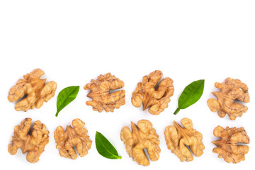 walnut kernels with leaves isolated on white background with copy space for your text. Top view. Flat lay
