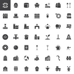 Industry and farming vector icons set, modern solid symbol collection, filled style pictogram pack. Signs, logo illustration. Set includes icons as windmill, tractor, hive, barn, factory, agriculture