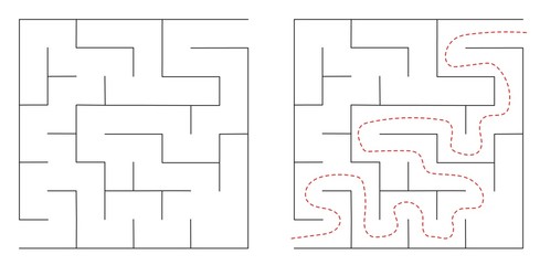 Maze, labyrinth abstract vector game rectangle. Square puzzle with solution, entry and exit. Isolated, black on a white background. Game for children and adults. Simple maze, flat illustration.