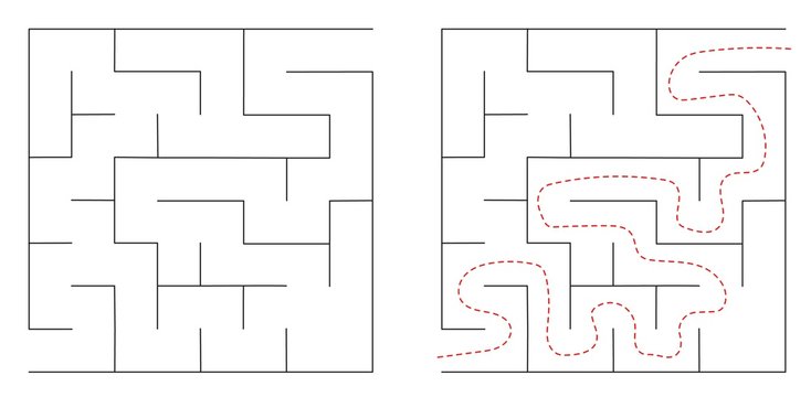 Maze, labyrinth abstract vector game rectangle. Square puzzle with solution, entry and exit. Isolated, black on a white background. Game for children and adults. Simple maze, flat illustration.