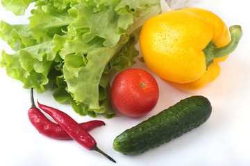 Assorted vegetables, fresh bell pepper, tomato, chilli pepper, cucumber and lettuce isolated on white background. Selective focus.