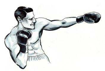 Boxing man. Ink and watercolor sketch