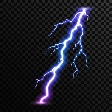 Realistic vector thunderbolt, bright magic lighting effect. Electric light thunder spark isolated on transparent background, for your design.